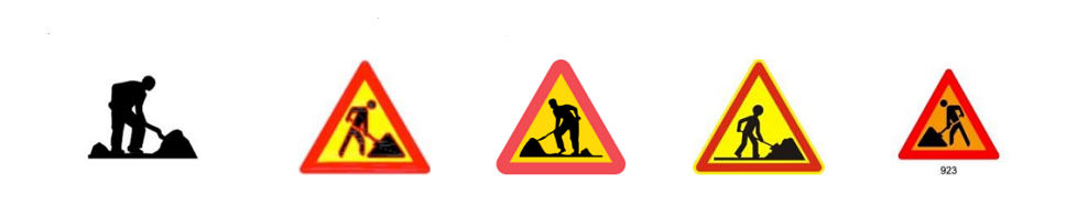 Различия во внешнем виде знаков "Дорожные работы": слева — указатель из конвенции, остальные четыре — неконвенционные